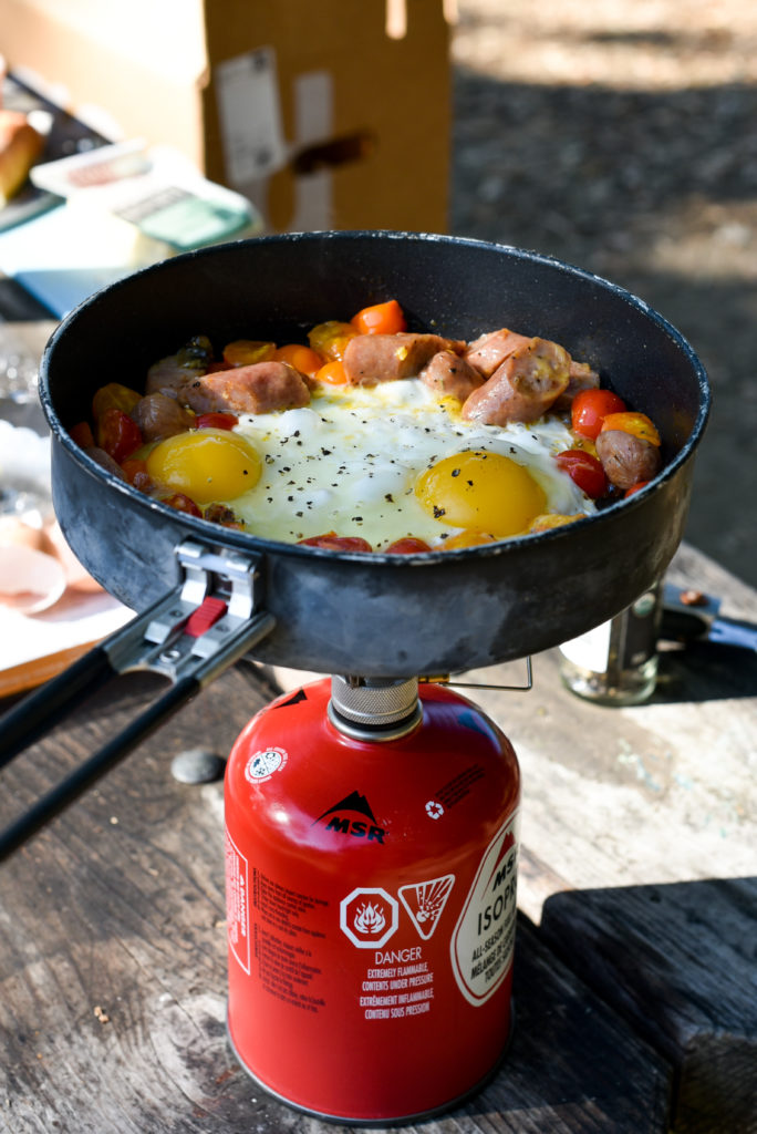 Cooking breakfast outdoors with MSR stove and pocket rocket